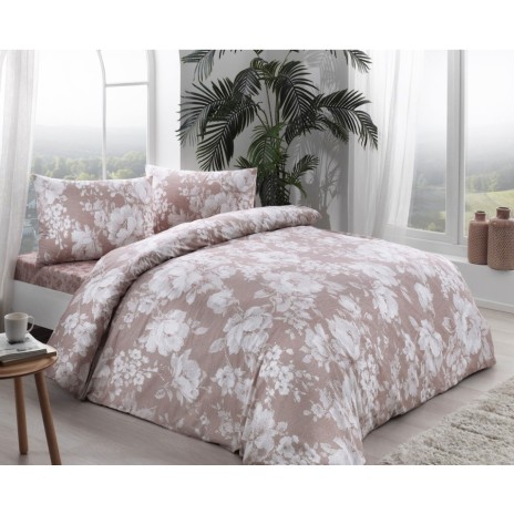Lenjerie de pat dublu din bumbac 100% ranforce cu design floral cappuccino și alb