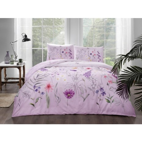 Lenjerie de pat TAC Ranforce Adriel Lila din bumbac 100%, design floral elegant pentru saltele de 160x200 cm