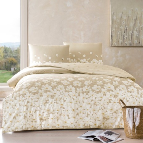 Lenjerie de pat TAC April din bumbac 100% ranforce, design floral cu flori albe pe fundal bej