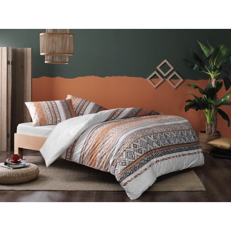 Lenjerie de pat dublu din bumbac ranforce cu model geometric în nuanțe de maro, alb și negru