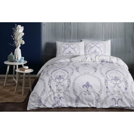 Lenjerie de pat dublu din bumbac 100% ranforce cu model floral mov pe fundal alb