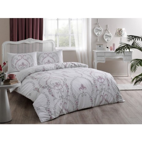 Lenjerie de pat dublu din bumbac 100% ranforce cu design floral roz pudră pe fundal alb