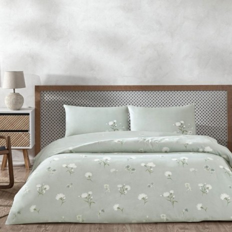 Lenjerie de pat TAC Aveste din bumbac 100% ranforce verde-salvie cu flori albe