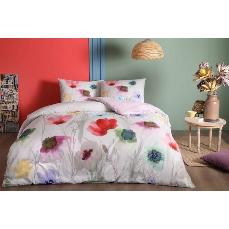 Lenjerie de pat dublu din bumbac 100% ranforce cu design floral vibrant în nuanțe de roșu, verde, albastru și violet