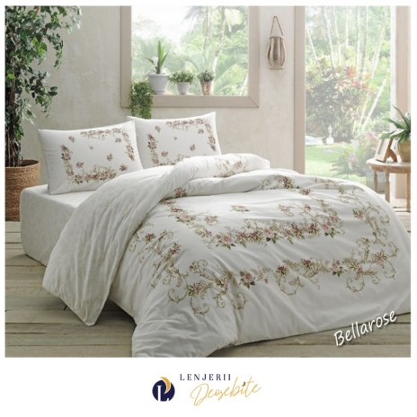 Lenjerie de pat dublu bumbac 100% Ranforce Bellarose cu design floral delicat în nuanțe de roz și verde pe fundal alb