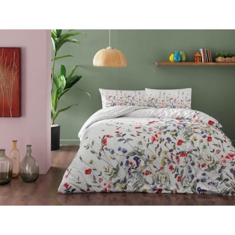 Lenjerie de pat dublu bumbac 100% ranforce cu model floral viu colorat în roșu, violet și galben pe fundal alb