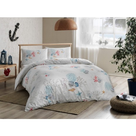 Lenjerie de pat dublu bumbac 100% ranforce cu design marin în nuanțe de alb, albastru, roșu și galben, set de 4 piese