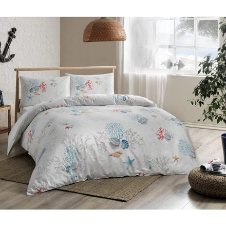 Lenjerie de pat dublu bumbac 100% ranforce cu design marin în nuanțe de alb, albastru, roșu și galben, set de 4 piese