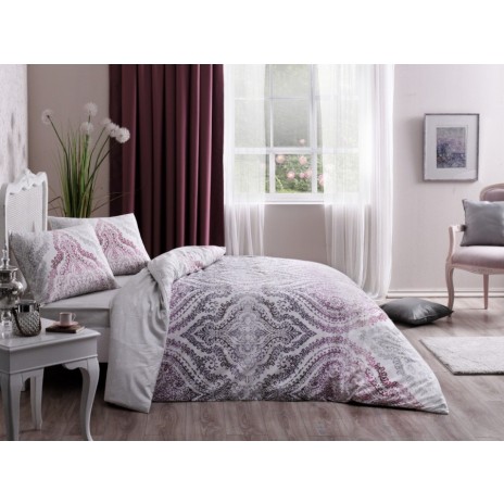 Lenjerie de pat dublu bumbac 100% ranforce cu design floral în nuanțe de lila, alb și gri, set de 4 piese