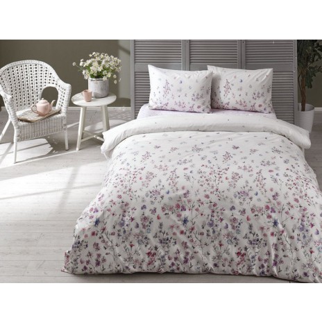 Lenjerie de pat dublu bumbac 100% ranforce Tac Elena, design floral delicat, alb, roz, mov și albastru