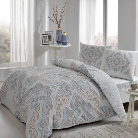 Lenjerie de pat dublu cu design geometric în albastru deschis și bej, bumbac 100% ranforce