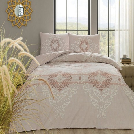 Lenjerie de pat dublu cu design elegant cappuccino și crem cu motive florale, bumbac 100% ranforce