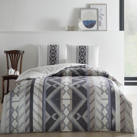 Lenjerie de pat din bumbac ranforce Tac, design modern cu motive geometrice în nuanțe de albastru și gri, set 4 piese