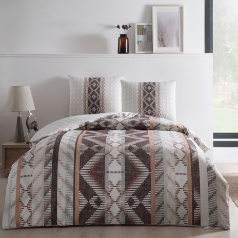Lenjerie de pat din bumbac 100% ranforce cu design geometric maro și alb, TAC