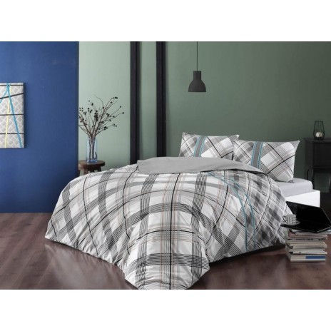 Lenjerie de pat dublu bumbac 100% ranforce cu model modern în carouri gri și negru cu accente de albastru pe fundal alb