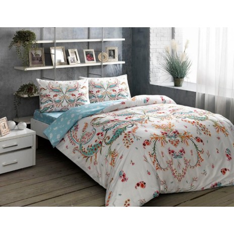 Lenjerie de pat dublu bumbac 100% ranforce TAC Freja cu design floral colorat.
