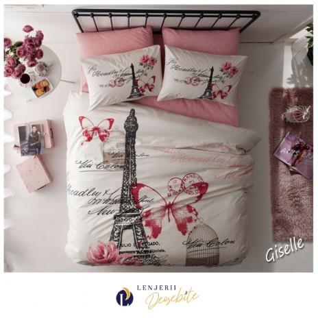 Lenjerie de pat dublu bumbac 100% Ranforce TAC Giselle Paris cu design parizian cu Turnul Eiffel, fluturi și scrisori în nuanțe de roz și negru pe fundal alb.