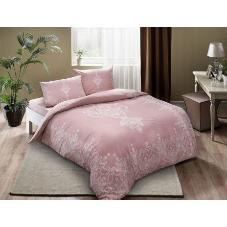 Lenjerie de pat dublu din bumbac 100% ranforce, model TAC Harper Roz, cu motive florale delicate în nuanțe de roz pal și alb.