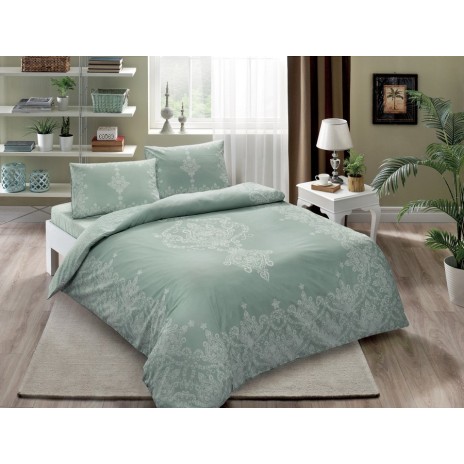 Lenjerie de pat dublu din bumbac 100% ranforce, model TAC Harper Verde Mentă, cu motive florale delicate în nuanțe de verde mentă și alb.