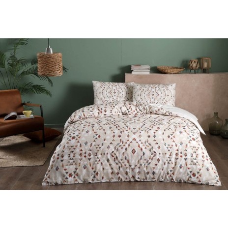 Lenjerie de pat dublu bumbac 100% ranforce cu design geometric în nuanțe de bej și maro, set de 4 piese