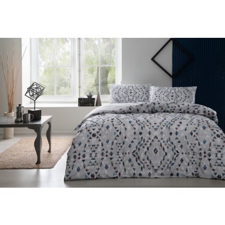 Lenjerie de pat dublu bumbac 100% ranforce cu design geometric în nuanțe de gri și albastru, set de 4 piese