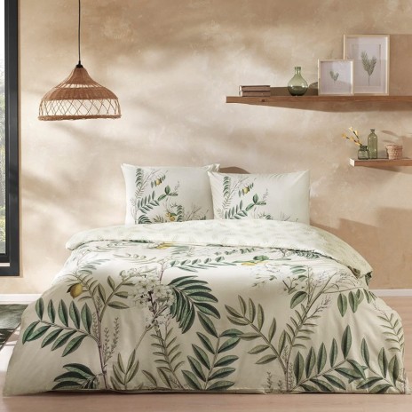 Lenjerie de pat Tac din bumbac ranforce cu design tropical cu frunze de eucalipt, lămâi galbene și flori pe fundal bej