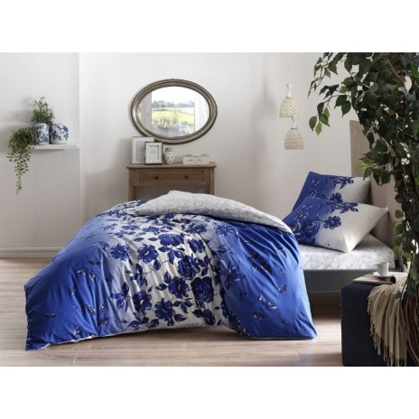 Lenjerie de pat dublu bumbac 100% Ranforce Lizzy cu design floral în nuanțe de albastru intens și alb