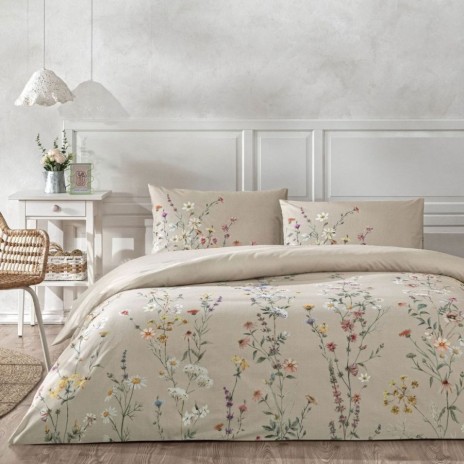 Lenjerie de pat TAC Lunel din bumbac 100% ranforce bej cu imprimeu floral de câmp multicolor