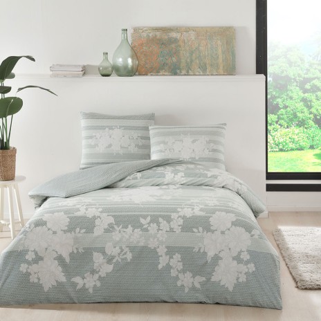 Lenjerie de pat Tac din bumbac ranforce cu design floral alb pe fundal verde deschis