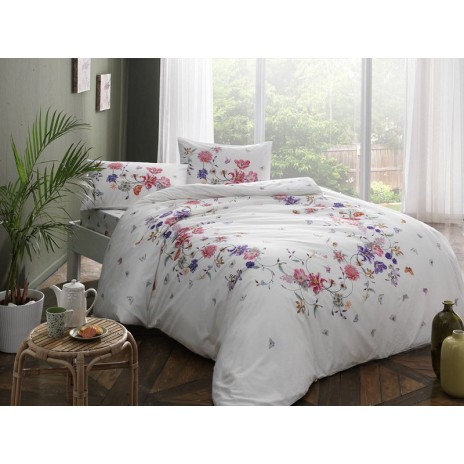 Lenjerie de pat dublu bumbac 100% ranforce Tac Madonna, design floral viu colorat, alb, roz, mov și portocaliu