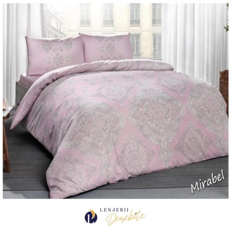 Lenjerie de pat dublu bumbac 100% Ranforce Mirabel Roz cu design elegant în nuanțe de roz pal și motive florale delicate