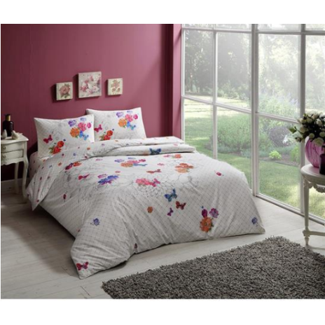 Lenjerie de pat dublu bumbac 100% ranforce Tac Nancy Pembe, design floral și fluturi, alb, roz, mov și portocaliu