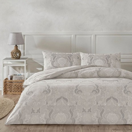 Lenjerie de pat TAC Norelia Gri din bumbac 100% ranforce cu imprimeu baroc elegant în tonuri de gri deschis