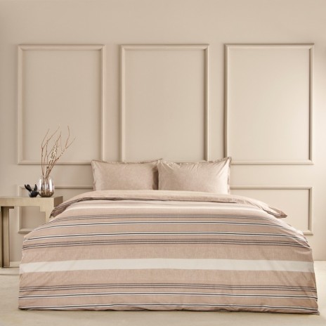 Lenjerie de pat Perle din bumbac 100% ranforce, brand Tac, cu design în dungi în tonuri de bej și alb, ideală pentru un decor elegant și sofisticat.