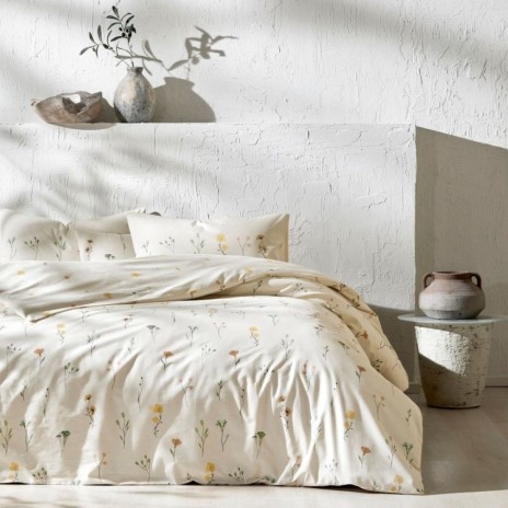 Lenjerie de pat dublu bumbac 100% reciclat TAC Reborn Bendis cu motive florale delicate pe fundal alb