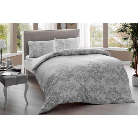 Lenjerie de pat dublu bumbac 100% ranforce Tac Romina, design damasc elegant, alb și gri
