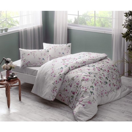 Lenjerie de pat dublu bumbac 100% ranforce Tac Rosina Lila, design floral delicat, alb, lila, roz și verde
