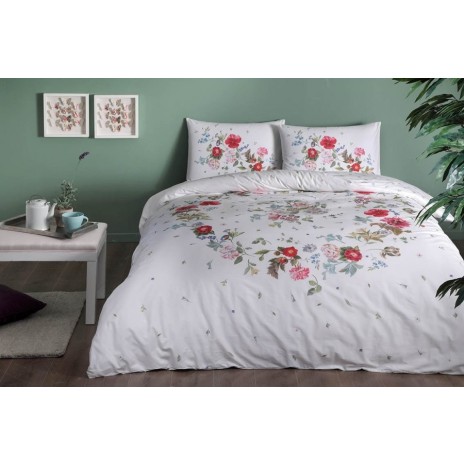 Lenjerie de pat dublu din bumbac 100% ranforce cu design floral în nuanțe de roșu, roz și verde pe fundal alb