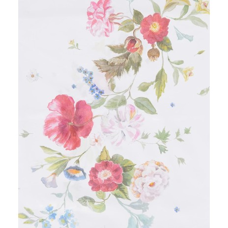 Lenjerie de pat dublu din bumbac 100% ranforce cu design floral în nuanțe de roșu, roz și verde pe fundal alb