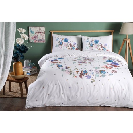 Lenjerie de pat dublu din bumbac 100% ranforce cu design floral în nuanțe de albastru, mov și verde pe fundal alb
