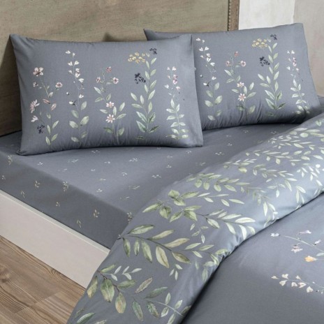 Lenjerie de pat TAC Serelis din bumbac 100% ranforce gri-albăstrui cu imprimeu floral elegant