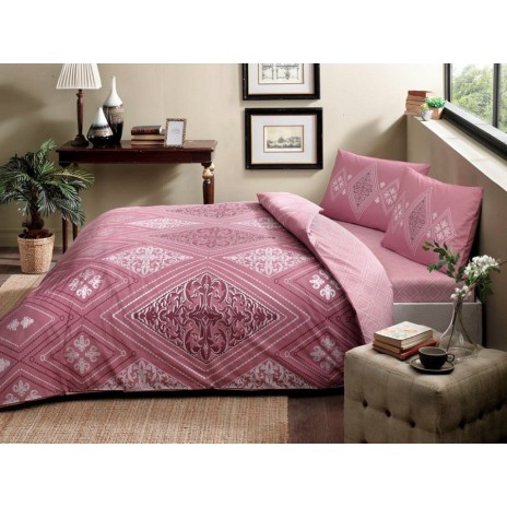Lenjerie de pat dublu bumbac 100% ranforce TAC Silvia roz-alb cu motive geometrice și florale