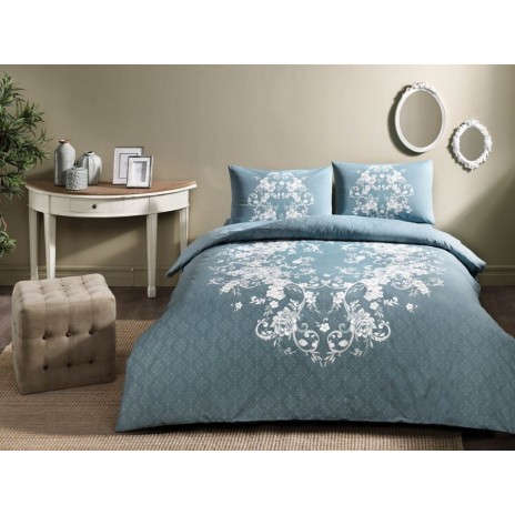 Lenjerie de pat dublu bumbac 100% ranforce TAC Sonya albastru-alb cu motive florale elegante
