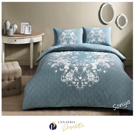 Lenjerie de pat dublu bumbac 100% ranforce TAC Sonya albastru-alb cu motive florale elegante