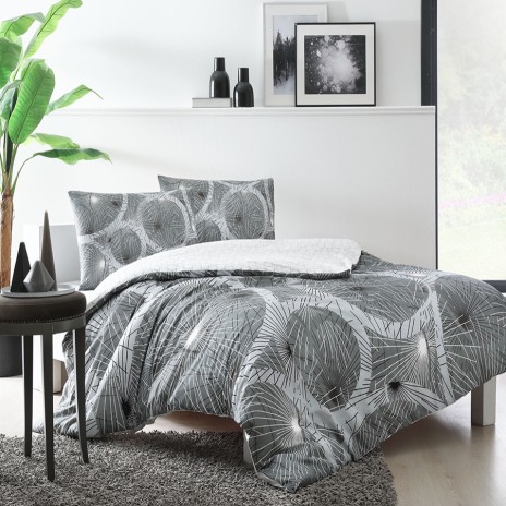 Lenjerie de pat din bumbac 100% ranforce cu design abstract în nuanțe de gri și alb, TAC