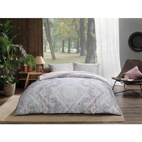 Lenjerie de pat dublu din bumbac 100% ranforce, model Valeria, cu design floral și geometric în nuanțe de gri și roz.