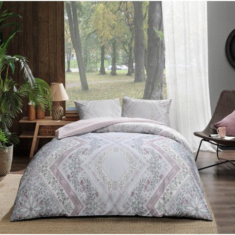 Lenjerie de pat dublu din bumbac 100% ranforce, model Valeria, cu design floral și geometric în nuanțe de gri și roz.