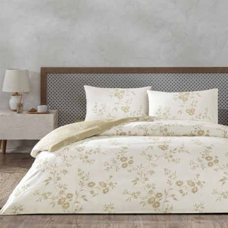 Lenjerie de pat dublu TAC Vellise Floral din bumbac 100% ranforce crem cu imprimeu bej