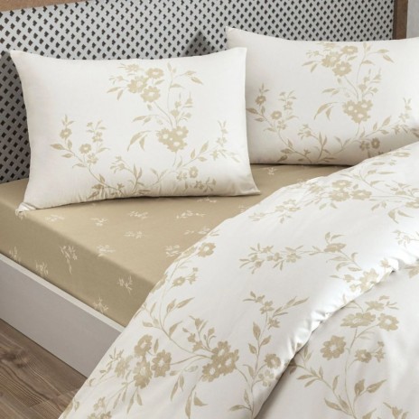 Lenjerie de pat dublu TAC Vellise Floral din bumbac 100% ranforce crem cu imprimeu bej
