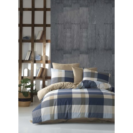 Lenjerie de pat Bahar Textile din bumbac 100% ranforce, set de 4 piese, cu design în carouri albastre și bej pe fundal gri